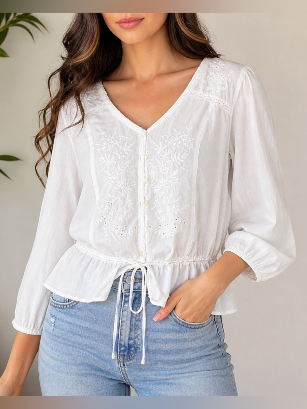 Lauren Ralph Lauren White Embroidered Peplum Blouse Boho Cottagecore Top Size 14